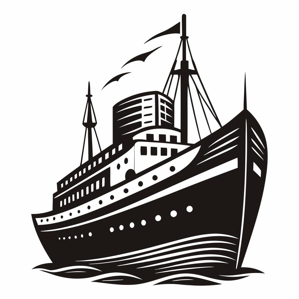 Vintage Ocean Liner Illustration with Seagulls Retro Nautical Art vector
