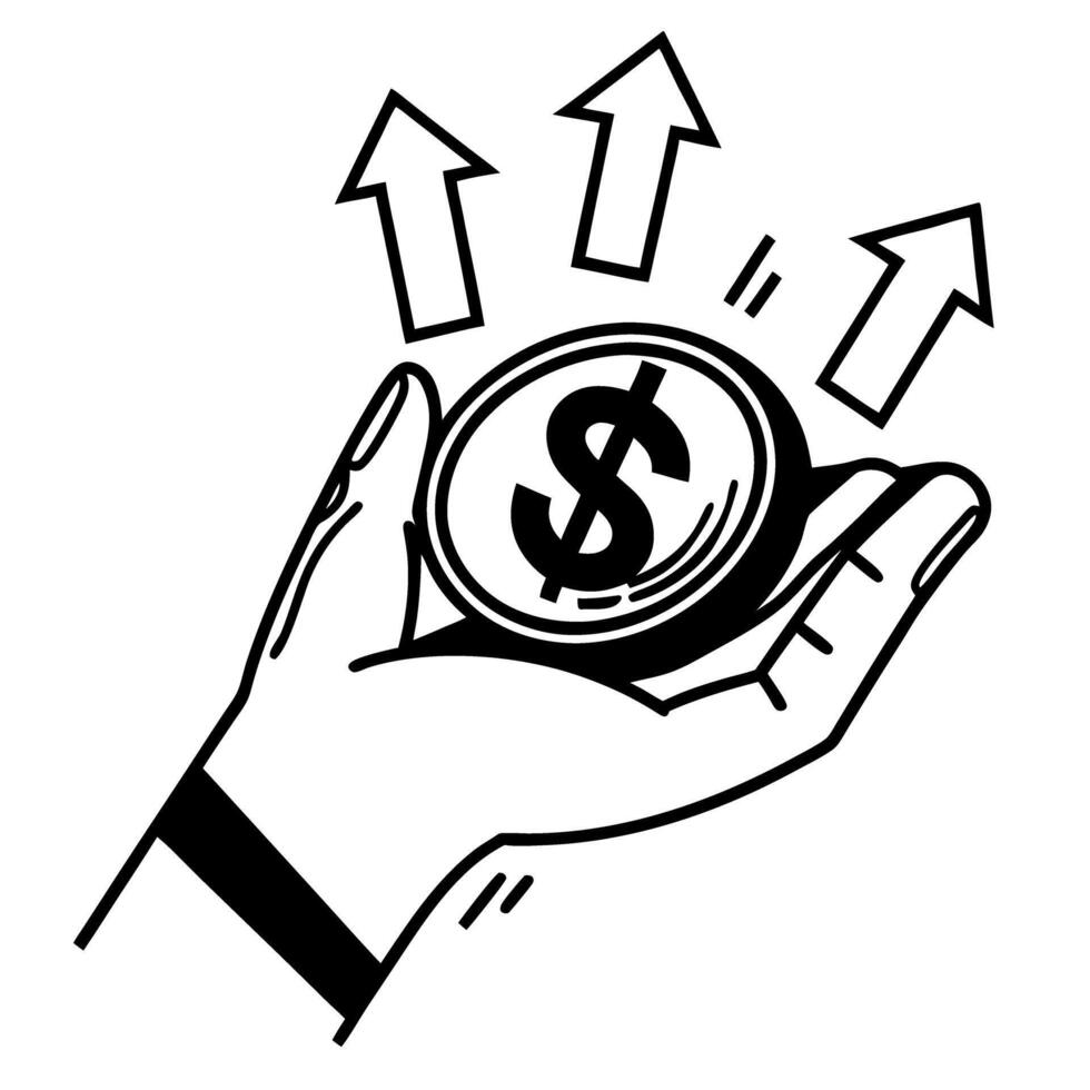 Hand holding coin symbol with upward arrows, representing financial growth and investment success vector