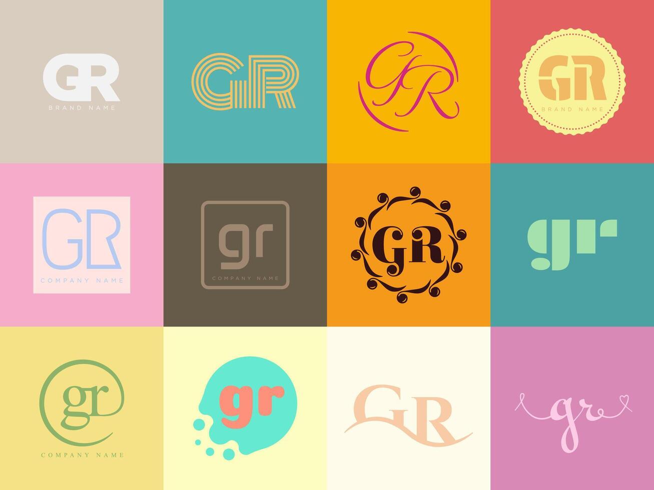 GR logo company template Letter g and r logotype. Set different classic serif lettering and modern bold text with design elements. Initial font typography. vector