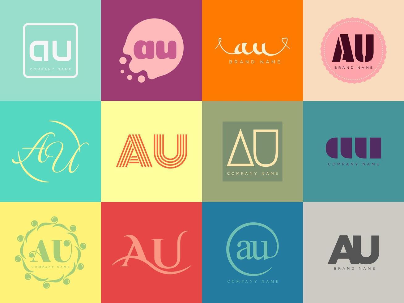AU logo company template Letter a and u logotype. Set different classic serif lettering and modern bold text with design elements. Initial font typography. vector