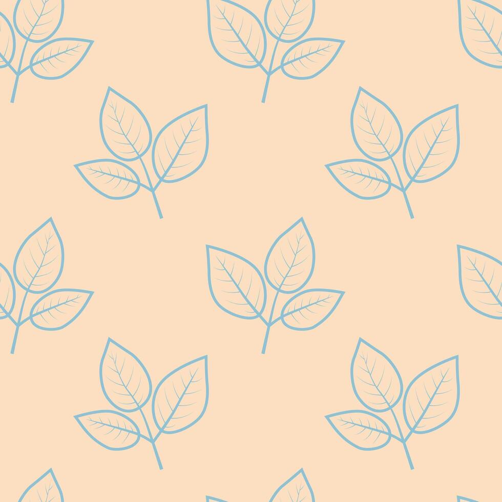 Elegant pastel blue leaf sprigs on a peach background form a seamless pattern. Perfect for textile design, wallpaper, or branding projects needing a delicate, natureinspired aesthetic. vector