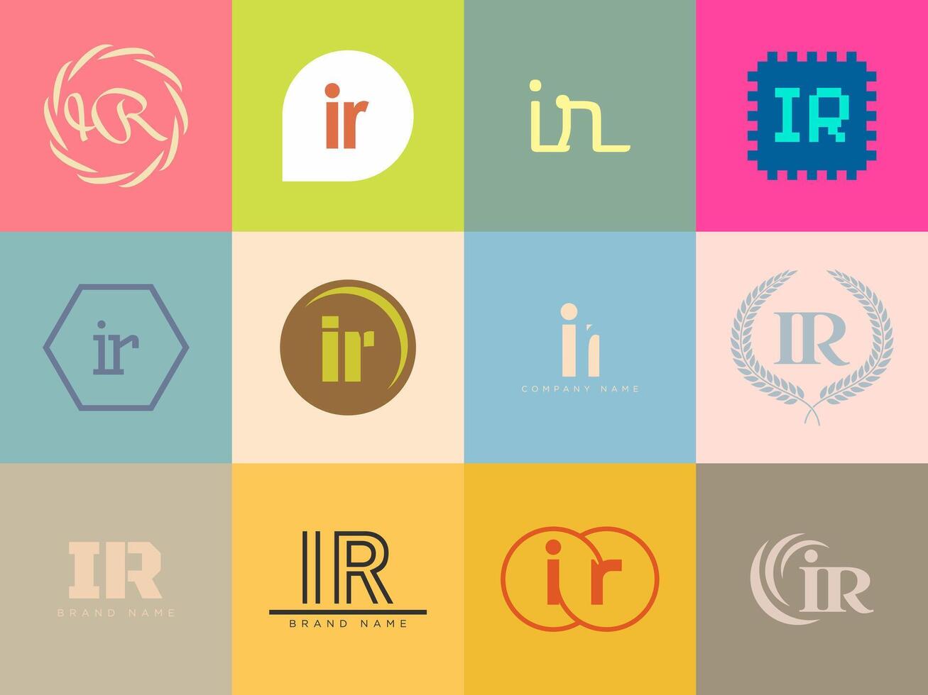 IR logo company templat. Letter i and r logotype. Set different classic serif lettering and modern bold text with design elements. Initial font typography. vector