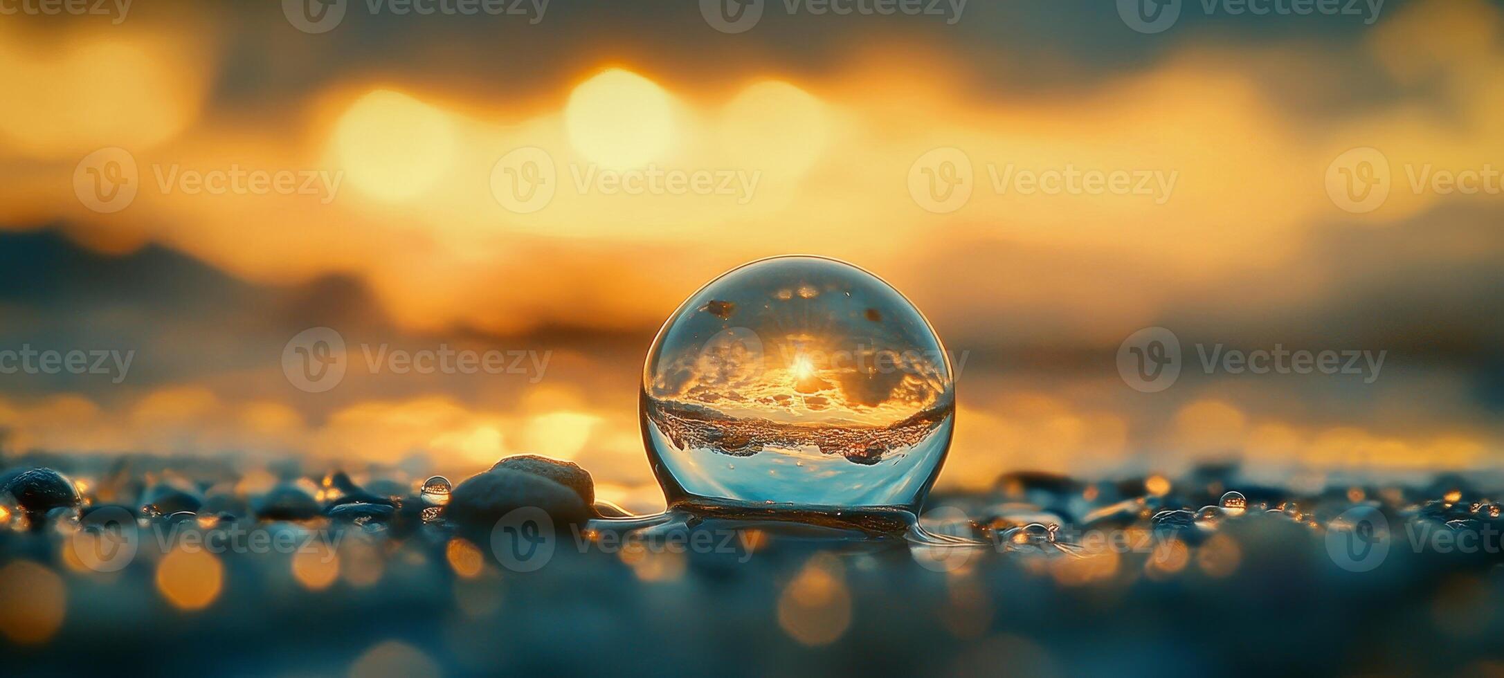 A glass ball sitting on the ground with a sunset in the background photo