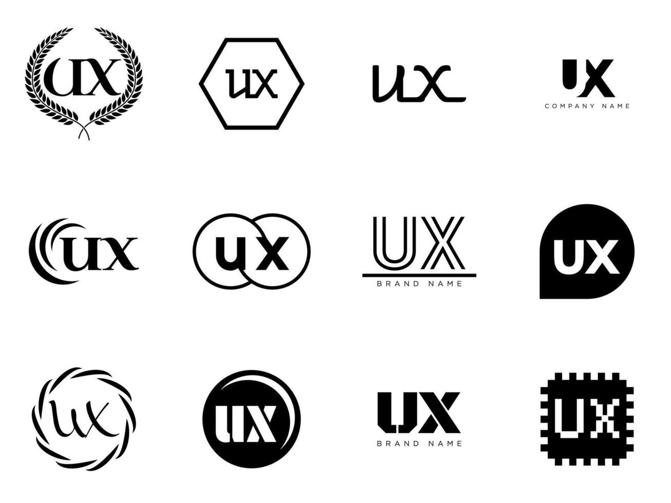 UX logo company template. Letter u and x logotype. Set different classic serif lettering and modern bold text with design elements. Initial font typography. vector