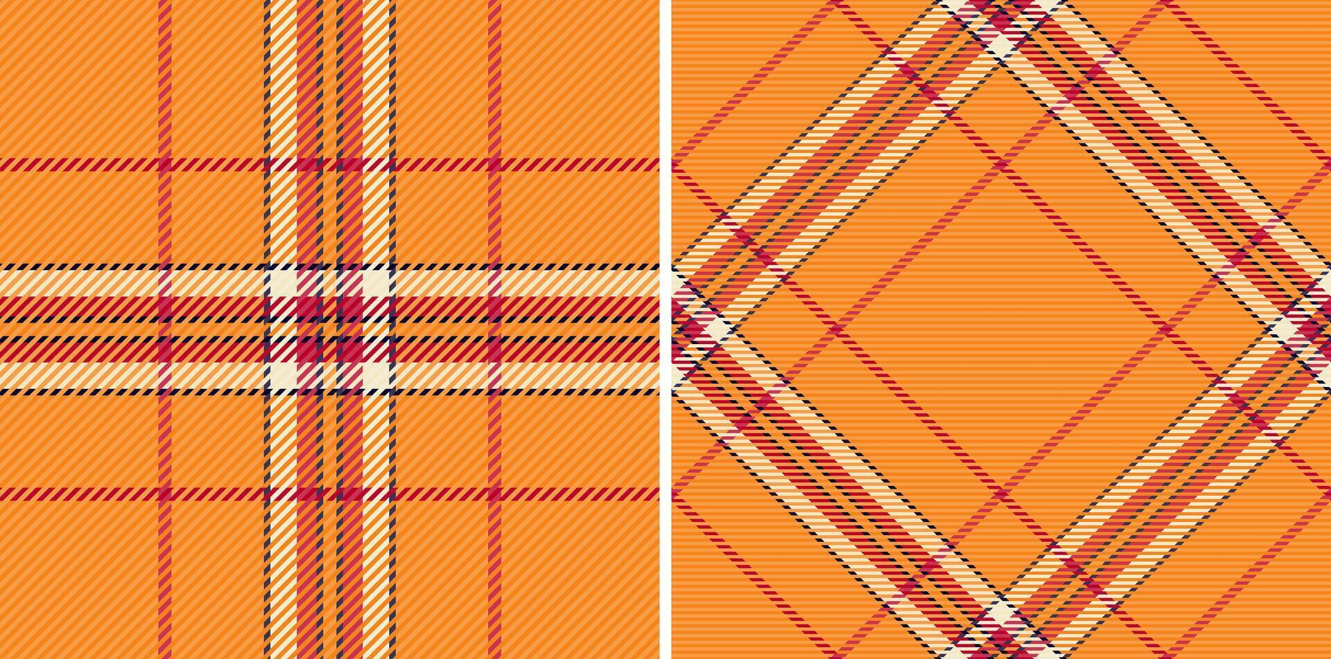 Vibrant orange plaid patterns, perfect for autumnal designs. Two distinct styles offer versatile options for textiles, fashion, and web backgrounds. vector