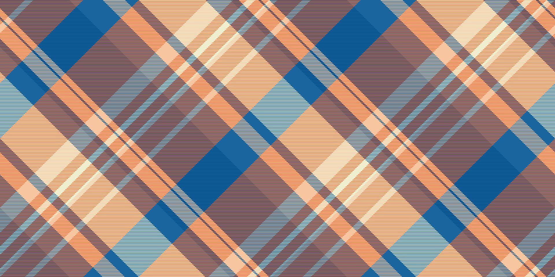 Vibrant diagonal plaid pattern in peach, blue, and brown hues. Perfect for textile design, website backgrounds, or fashionrelated projects. vector