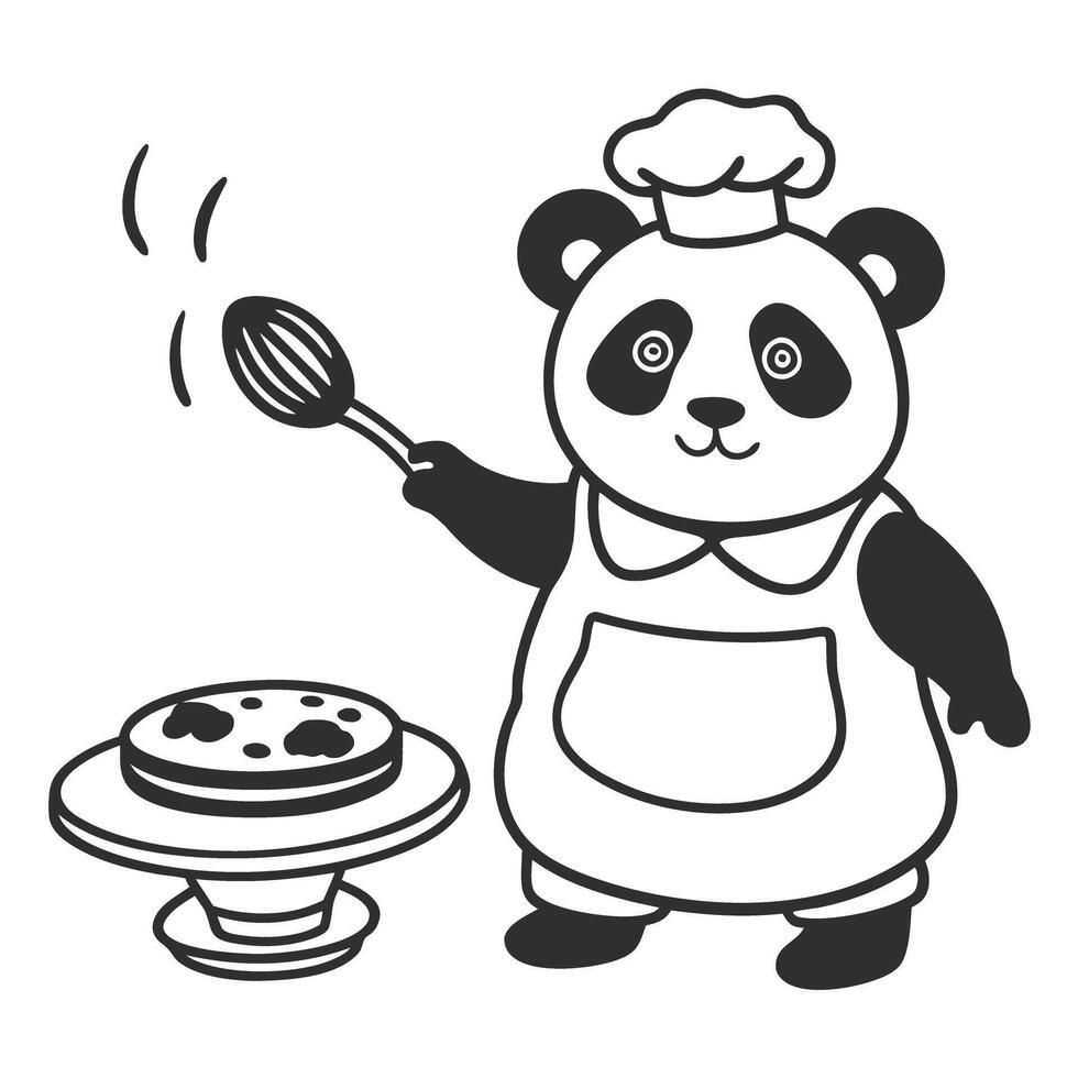 panda chef baking cute illustration, panda in apron, holding whisk over cake, black and white vector
