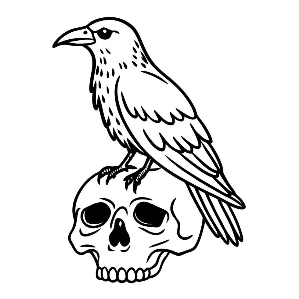 Crow perched on skull dark illustration, black raven, gothic design memento mori theme vector