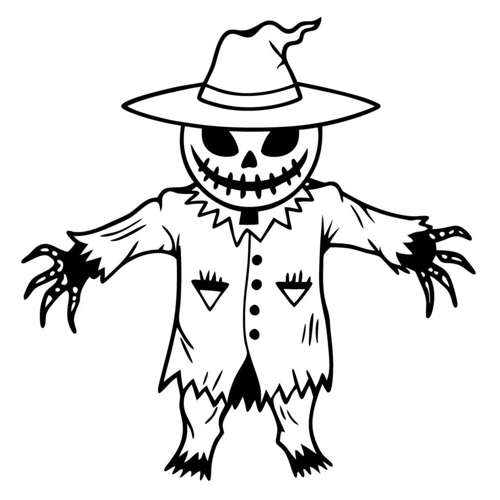 Spooky scarecrow halloween character with a hat, stitched smile, and ragged clothes vector