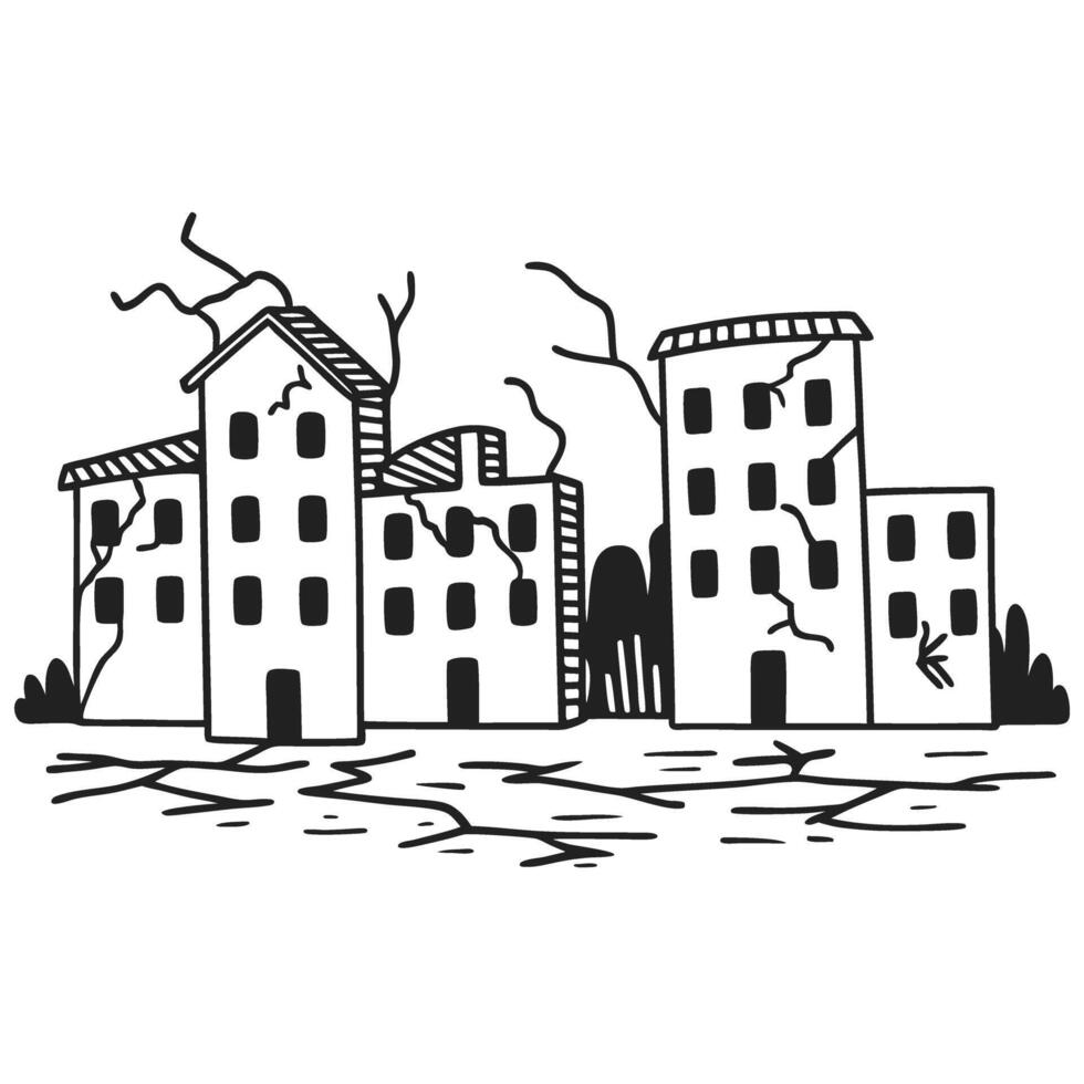Abandoned, crumbling buildings with cracks and decay urban decay illustration, ruined structures, black and white drawing vector