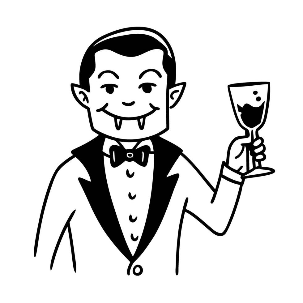 vampire with a glass of wine halloween character, black and white illustration, classic dracula attire, spooky and playful theme vector