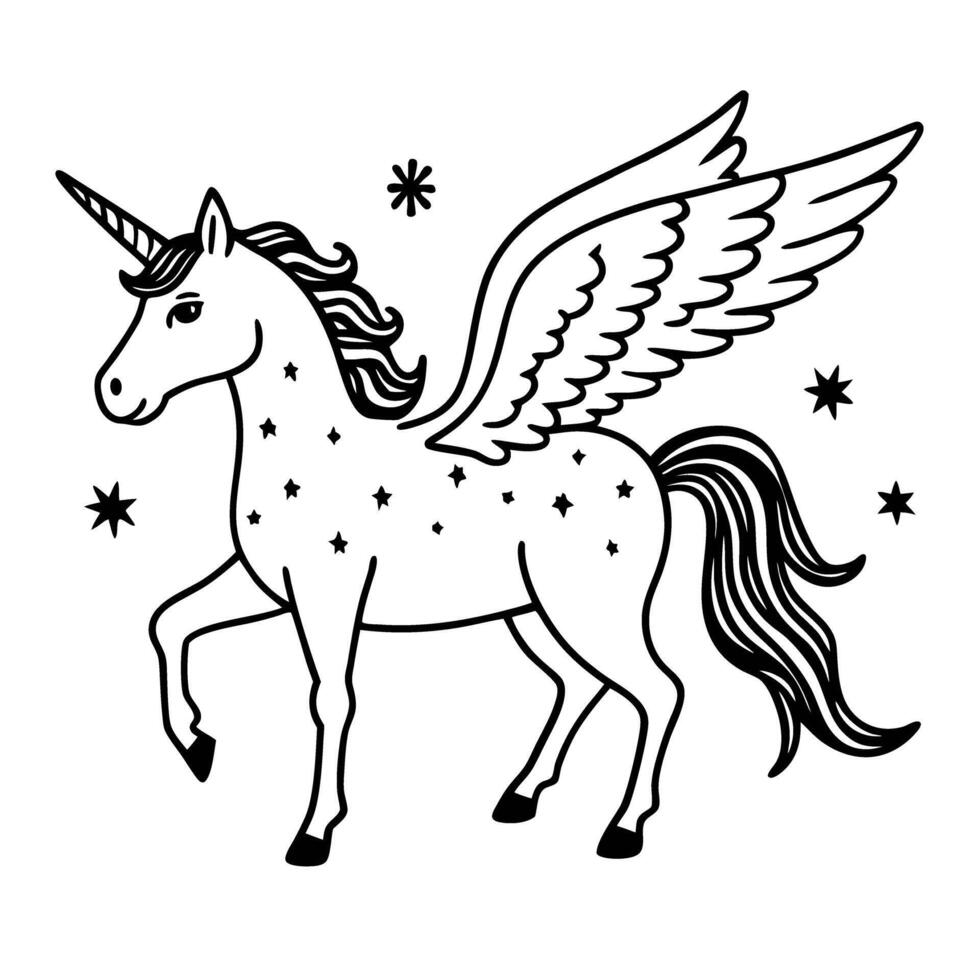Whimsical unicorn with wings and stars in black and white illustration vector