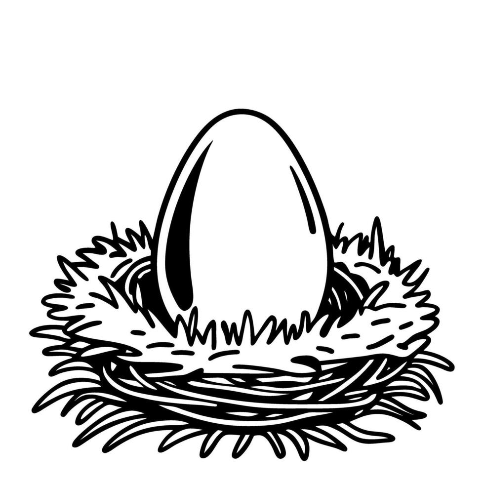 egg in nest black and white illustration nature and wildlife concept, minimalist design vector