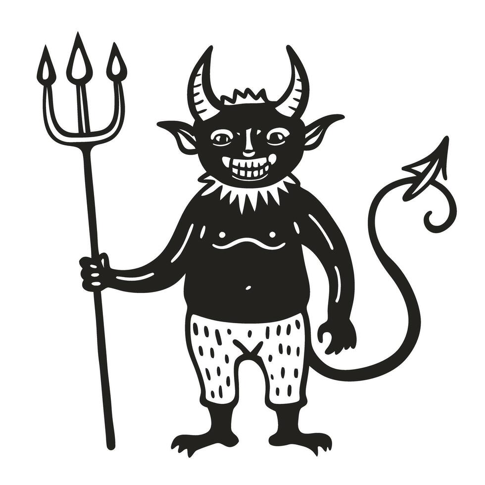 devil demon with trident black white illustration of horned mythical creature vector