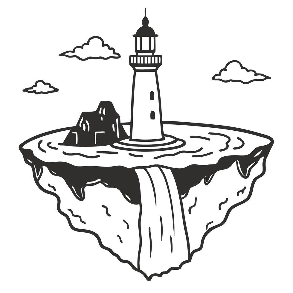 Floating island with lighthouse and waterfall, surrounded by clouds in minimalist vector