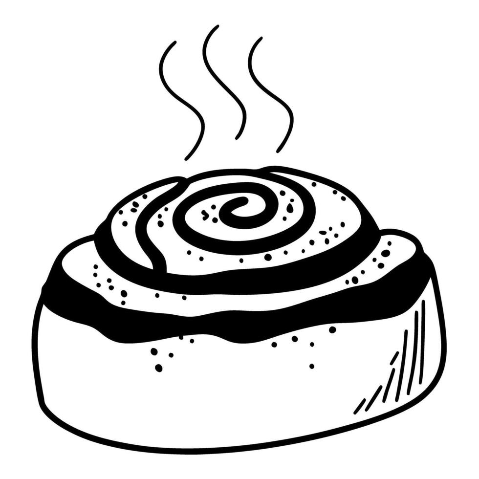 freshly baked cinnamon roll drawing with steam lines simple black and white illustration of a sweet pastry vector