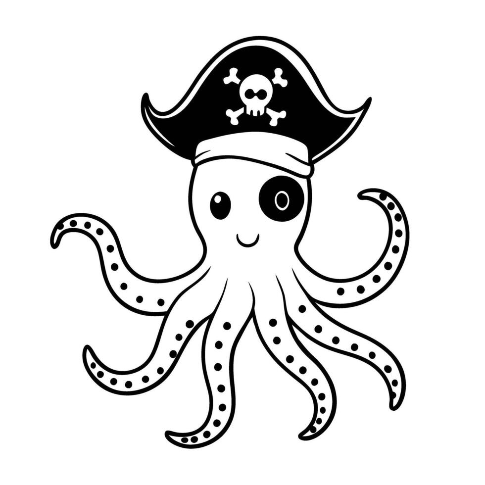 Cute pirate octopus illustration with hat and eye patch in vector