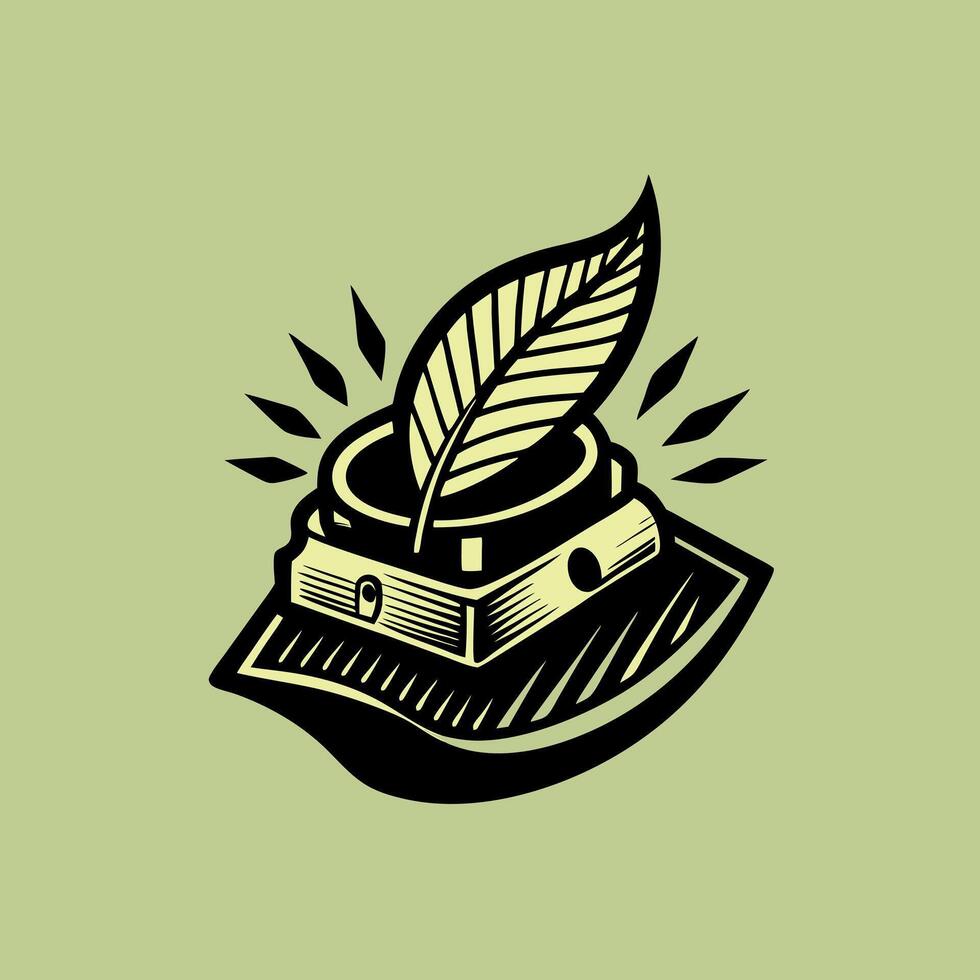 Retro Ink Pot Design with Quill and Paper on Olive Green Background vector
