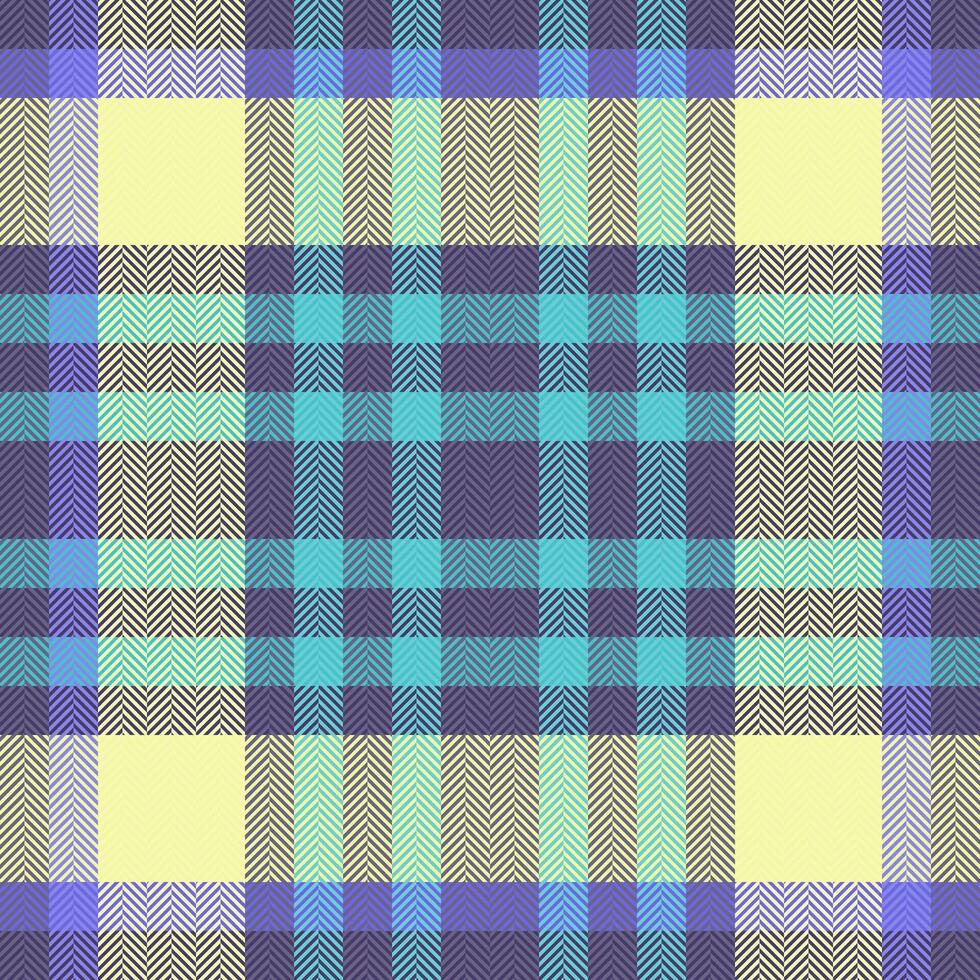 Vibrant herringbone plaid pattern in teal, purple, and yellow. Perfect for textile design, fashion, or website backgrounds. vector