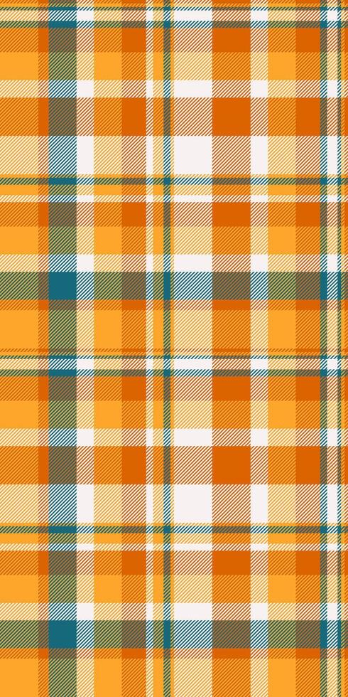 Vibrant autumnal plaid pattern in warm oranges, creamy whites, and teal accents. Perfect for fallthemed designs, textile projects, or adding a touch of rustic charm. vector