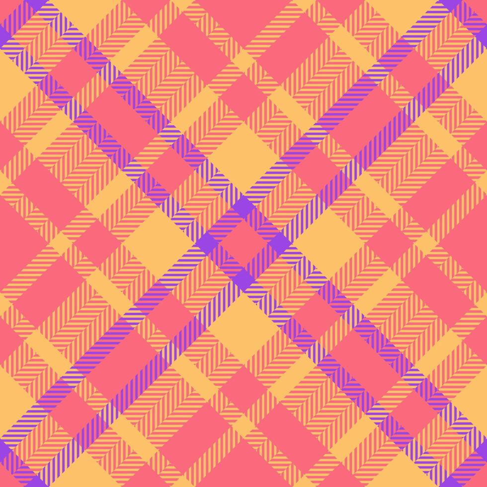 Vibrant coral, yellow purple plaid pattern. Perfect for textile design, fashion, packaging, or website backgrounds. This cheerful, geometric design evokes warmth and energy. vector