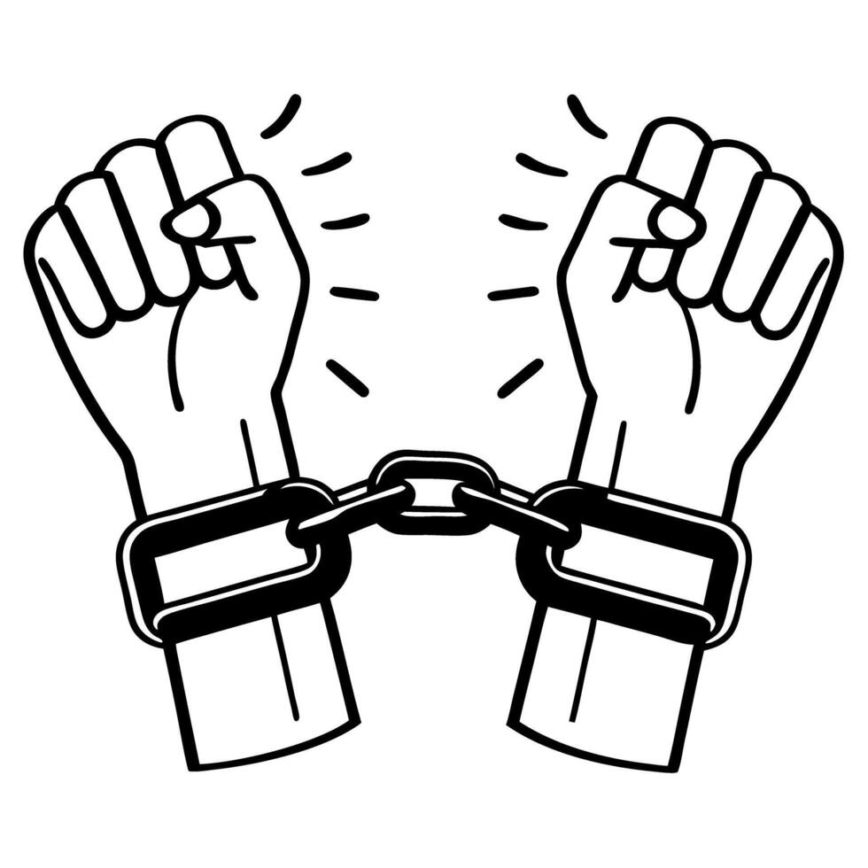 Hands raised in resistance with handcuffs breaking apart, symbolizing freedom, protest, and justice vector
