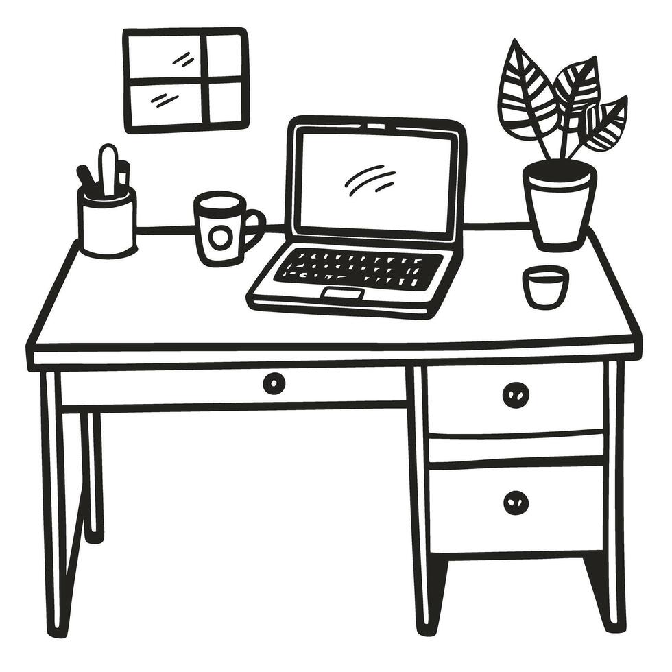 home office desk illustration with laptop, coffee, plant, and stationery in minimalist design vector