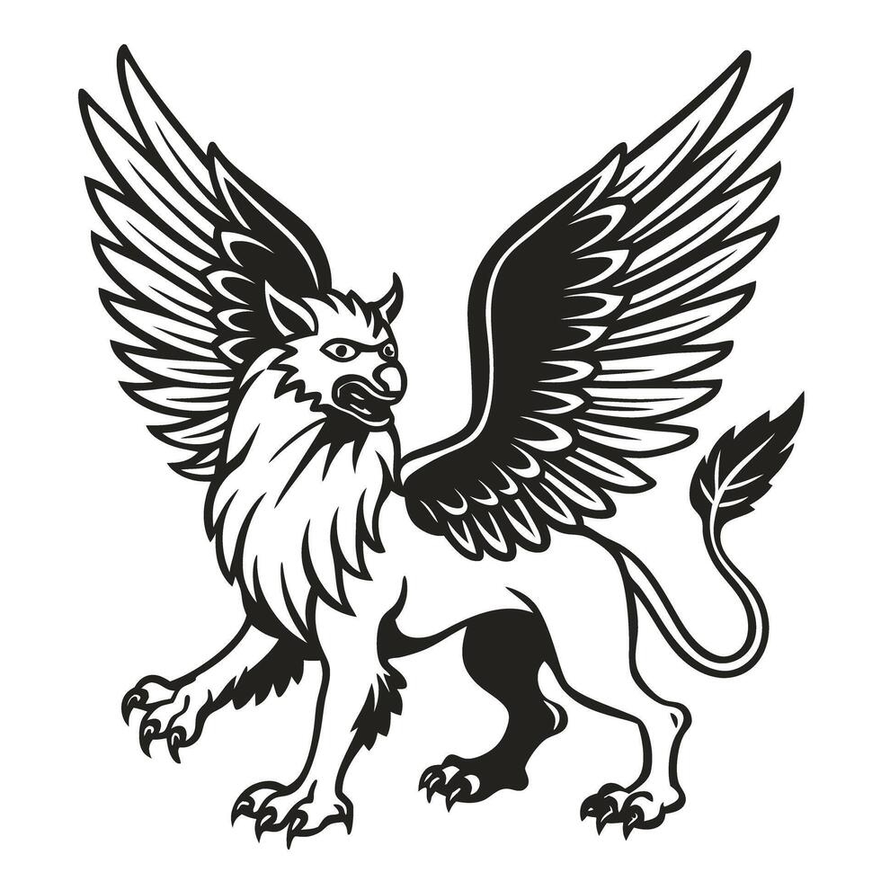 Mythical griffin with majestic wings illustration, black and white mythical creature vector