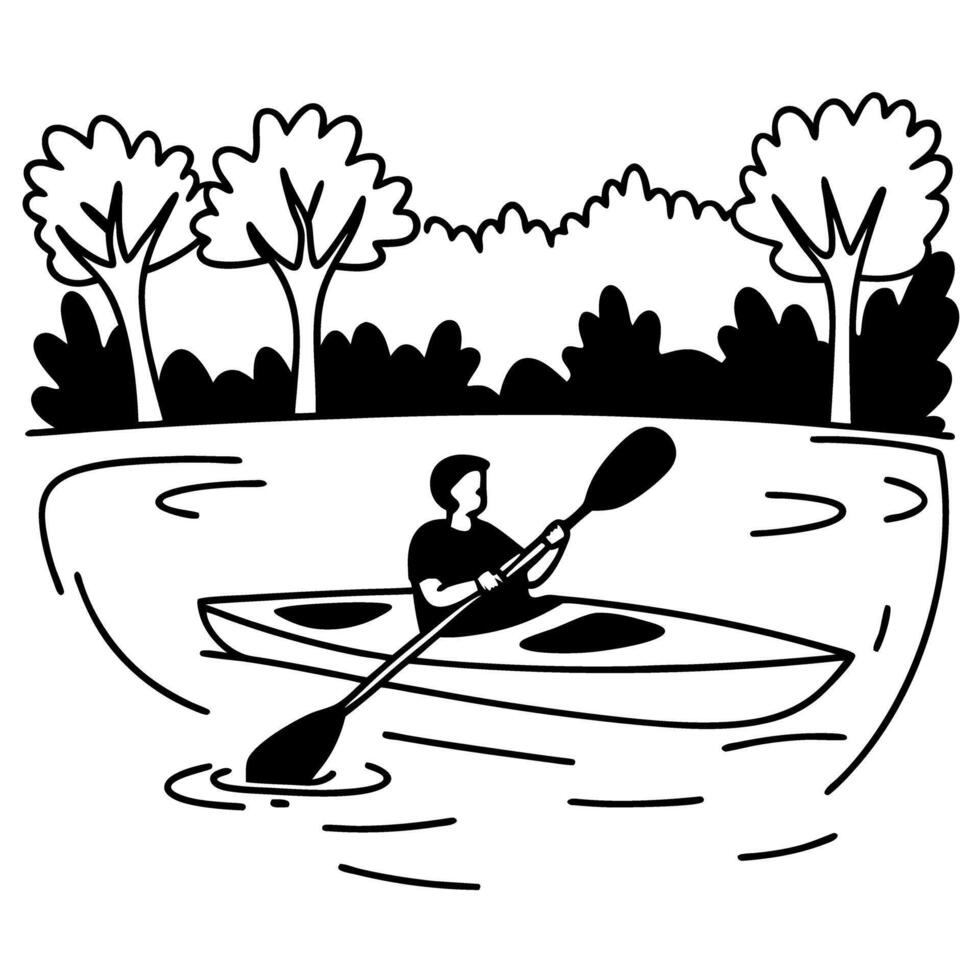 person kayaking on calm river surrounded by trees outdoor recreational activity, peaceful nature scene, summer adventure vector
