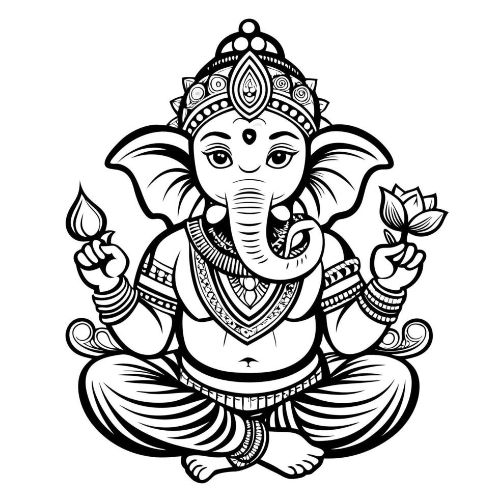 Intricate Black and White Illustration of Ganesha Sitting in Meditation vector