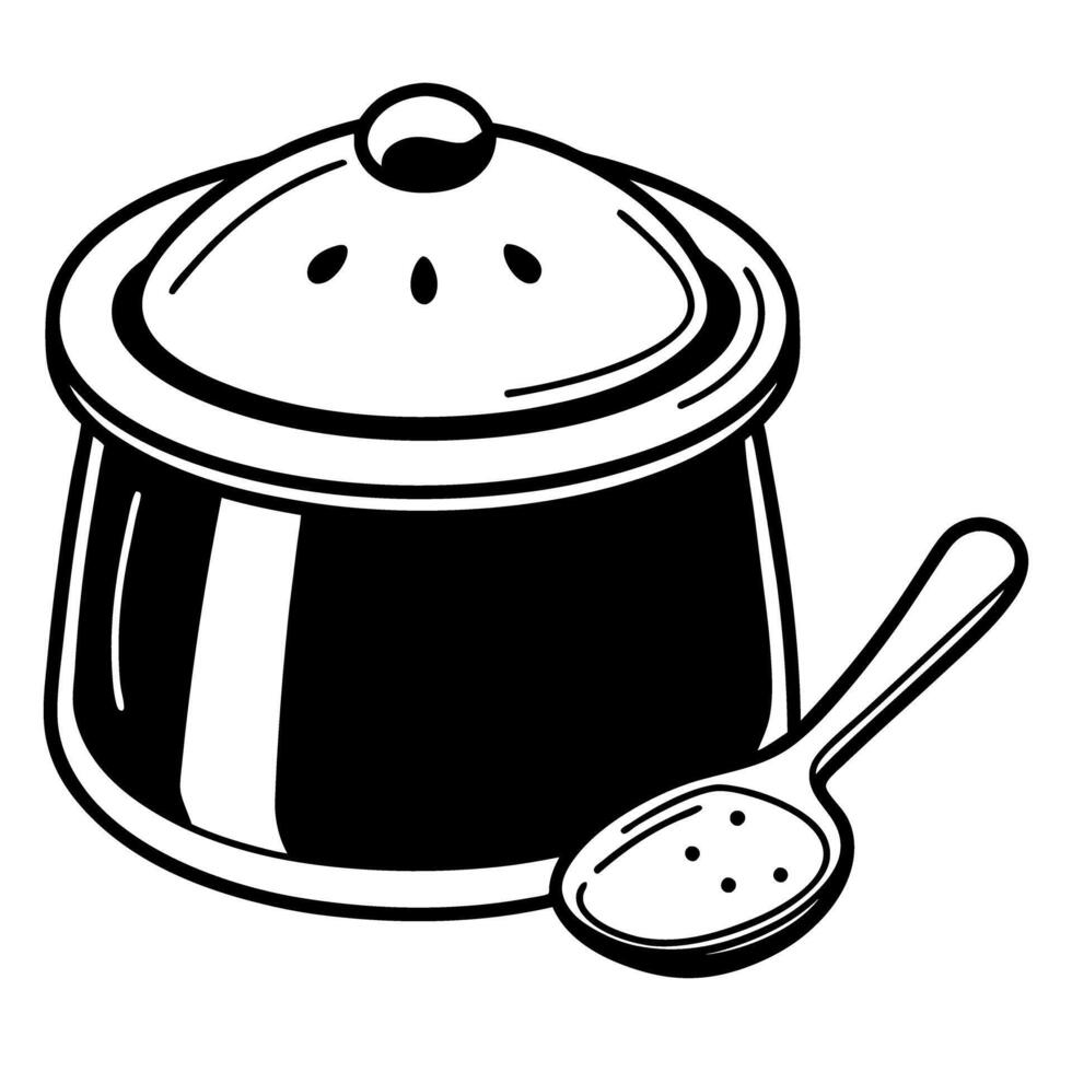 black and white pot with lid and spoon illustration kitchen utensil, cooking concept vector