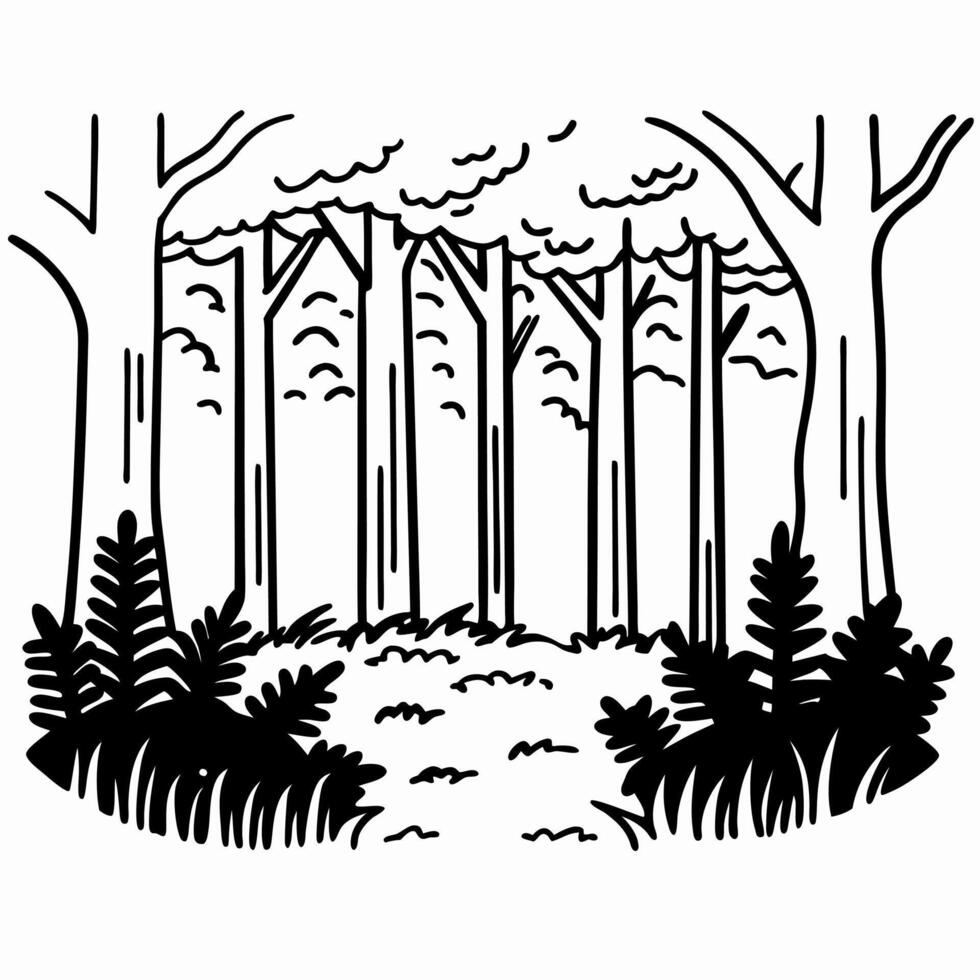 black and white forest illustration with trees and foliage, nature scene, minimalist vector