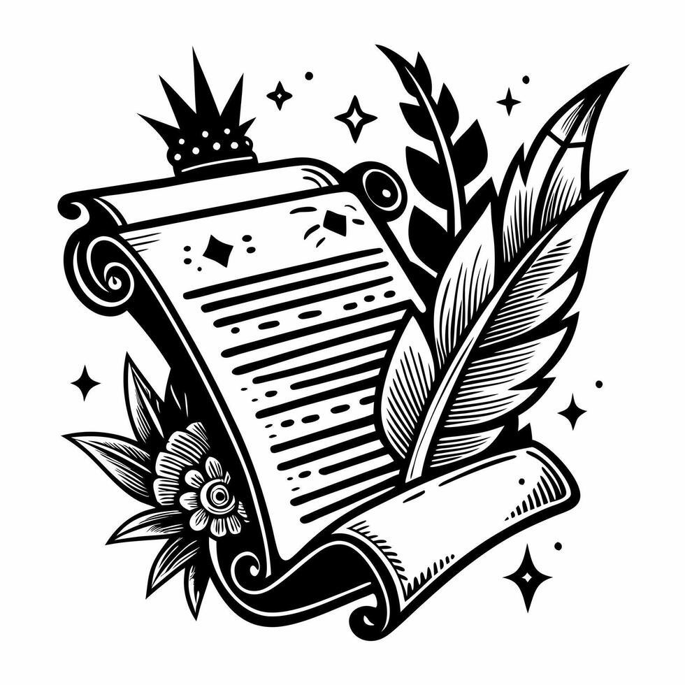 Vintage Scroll with Quill and Floral Elements in Black and White Art vector