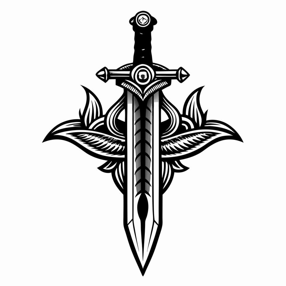 Intricate Sword with Tribal Leaf Design Black and White Illustration vector