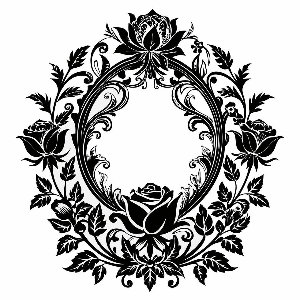 Ornate Floral Frame with Roses and Leaves for Elegant Design Elements vector