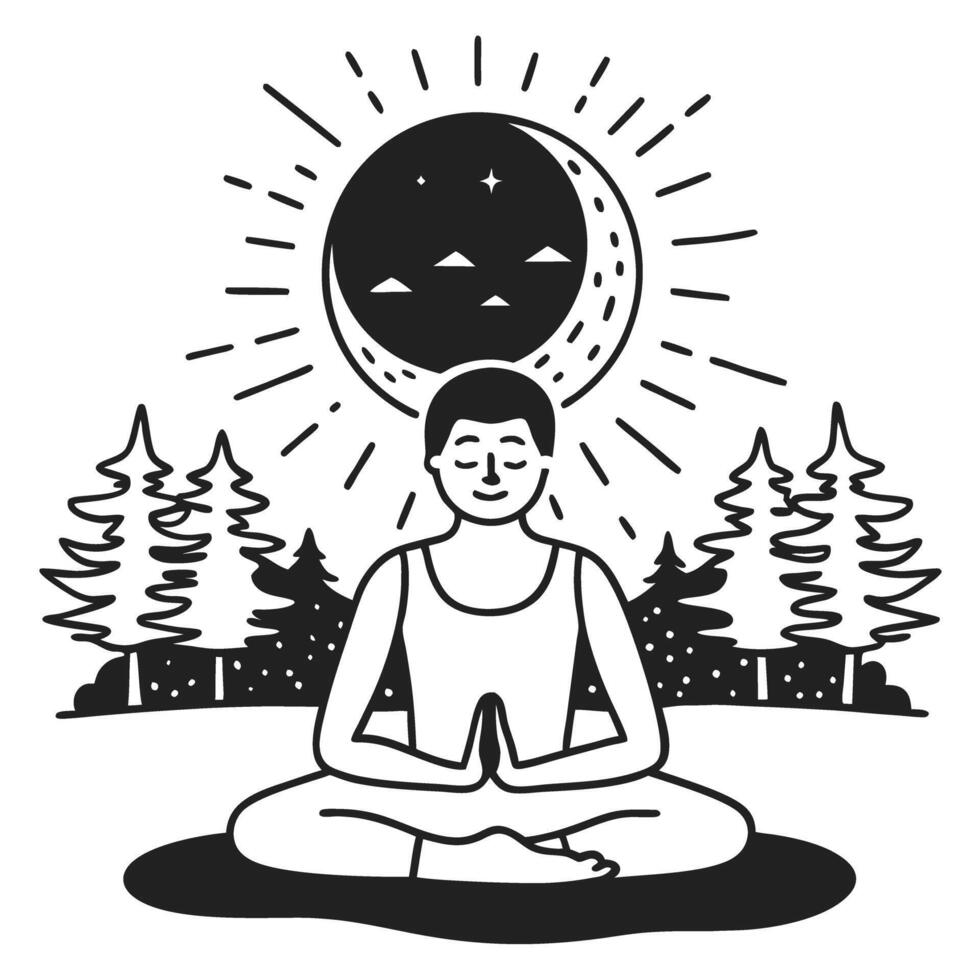 Person meditating outdoors under sun and moon, surrounded by trees peaceful nature setting, day night harmony vector