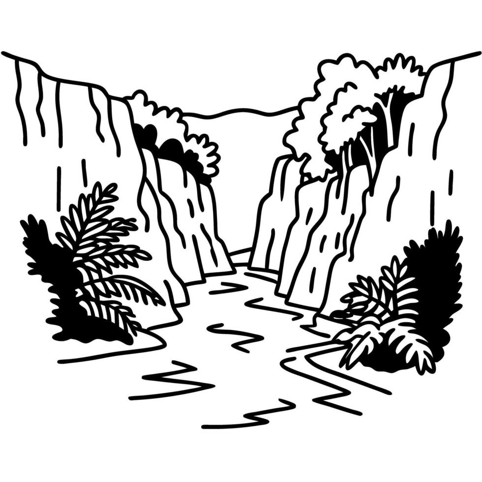 Black and white river canyon drawing with lush vegetation and steep cliffs vector