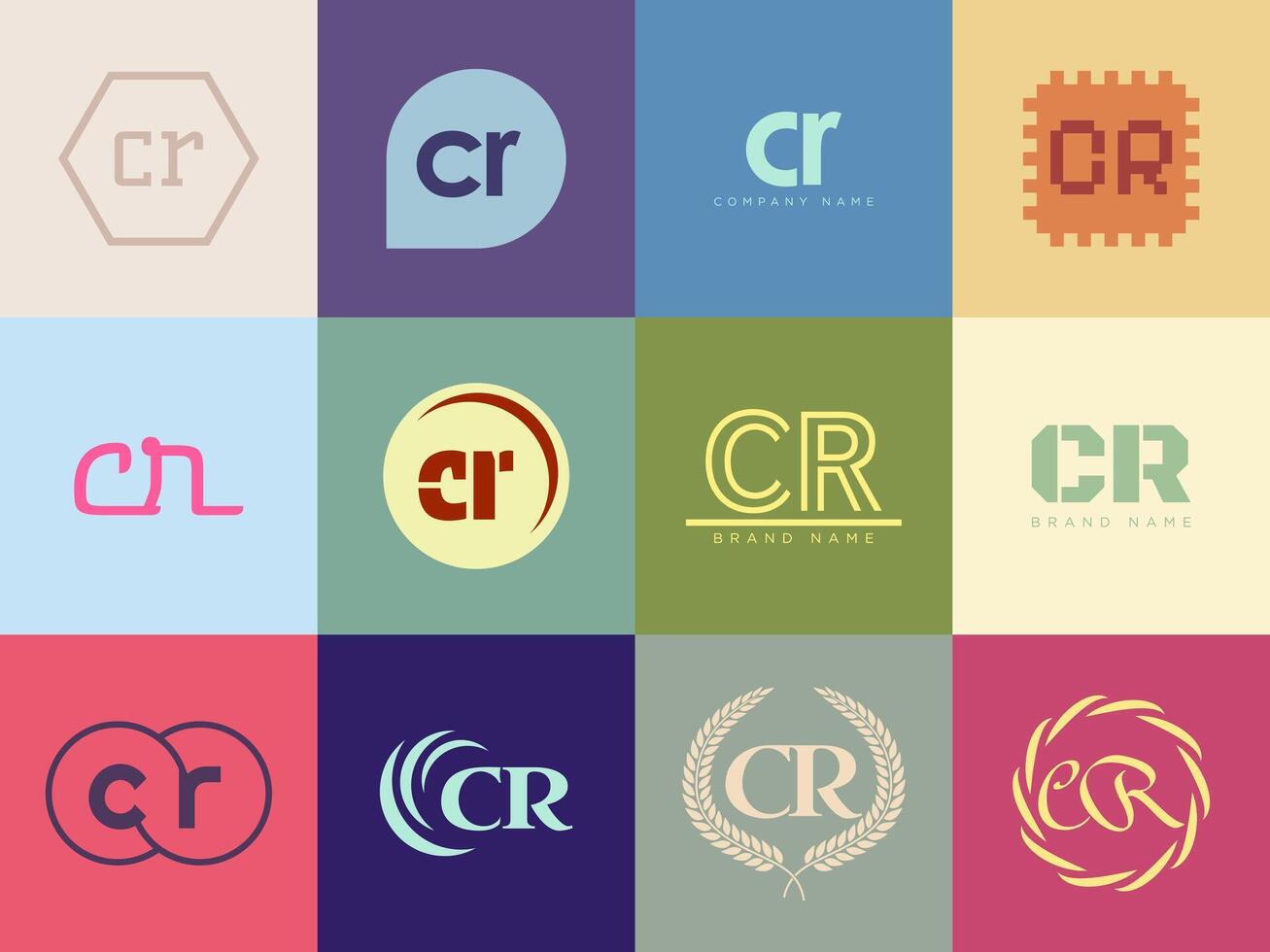 CR logo company template Letter c and r logotype. Set different classic serif lettering and modern bold text with design elements. Initial font typography. vector