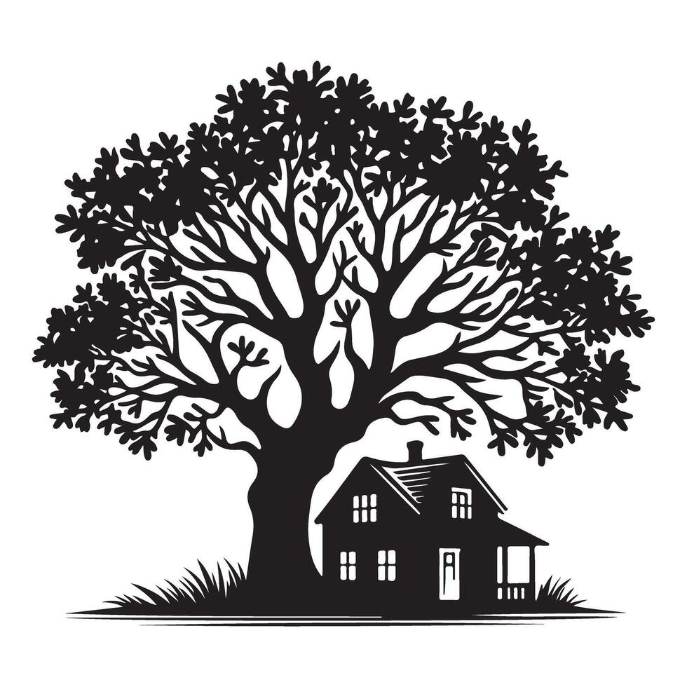 Silhouette House Under Tree Illustration Charming Home in Nature's Embrace vector