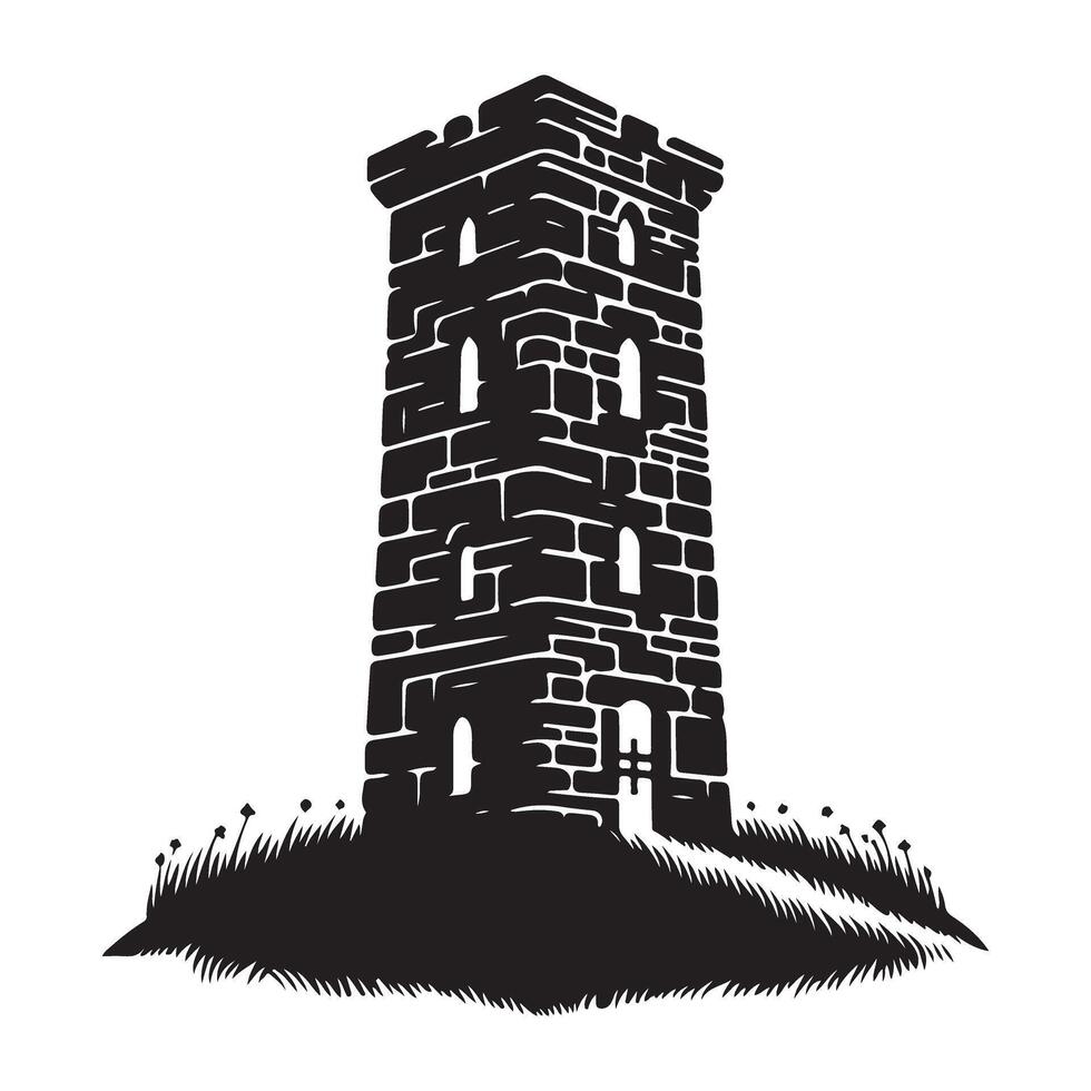 Stone Watchtower Silhouette Illustration in a Grassy Field vector