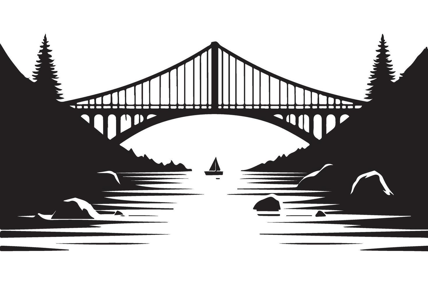Scenic Suspension Bridge Silhouette Illustration with Water vector