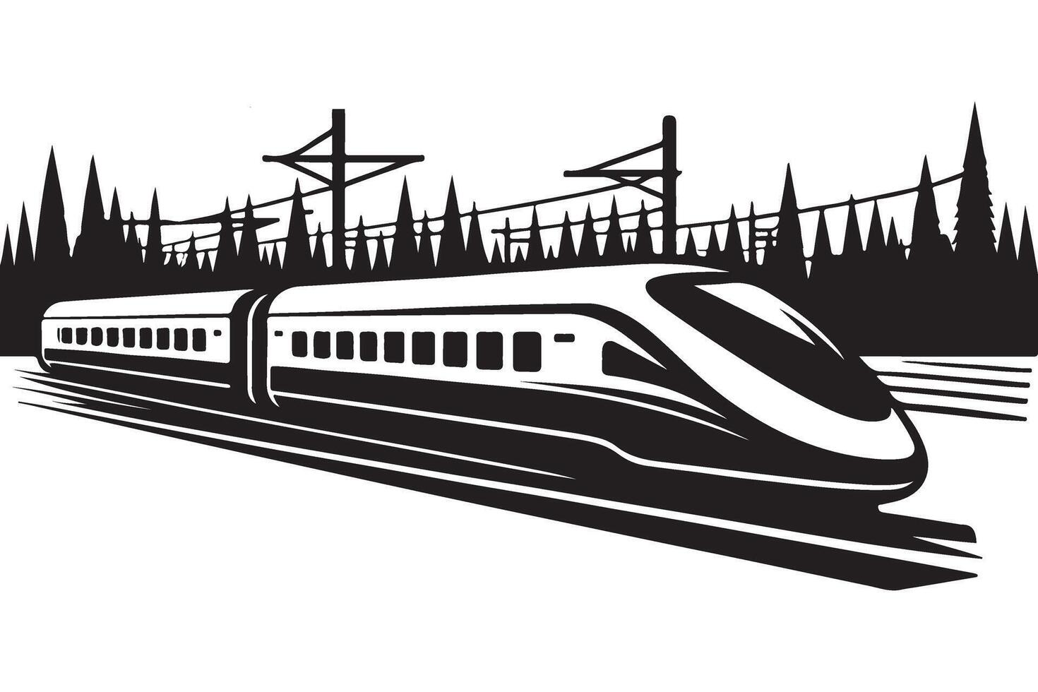Modern High Speed Train Silhouette Illustration Traveling Through Forest vector