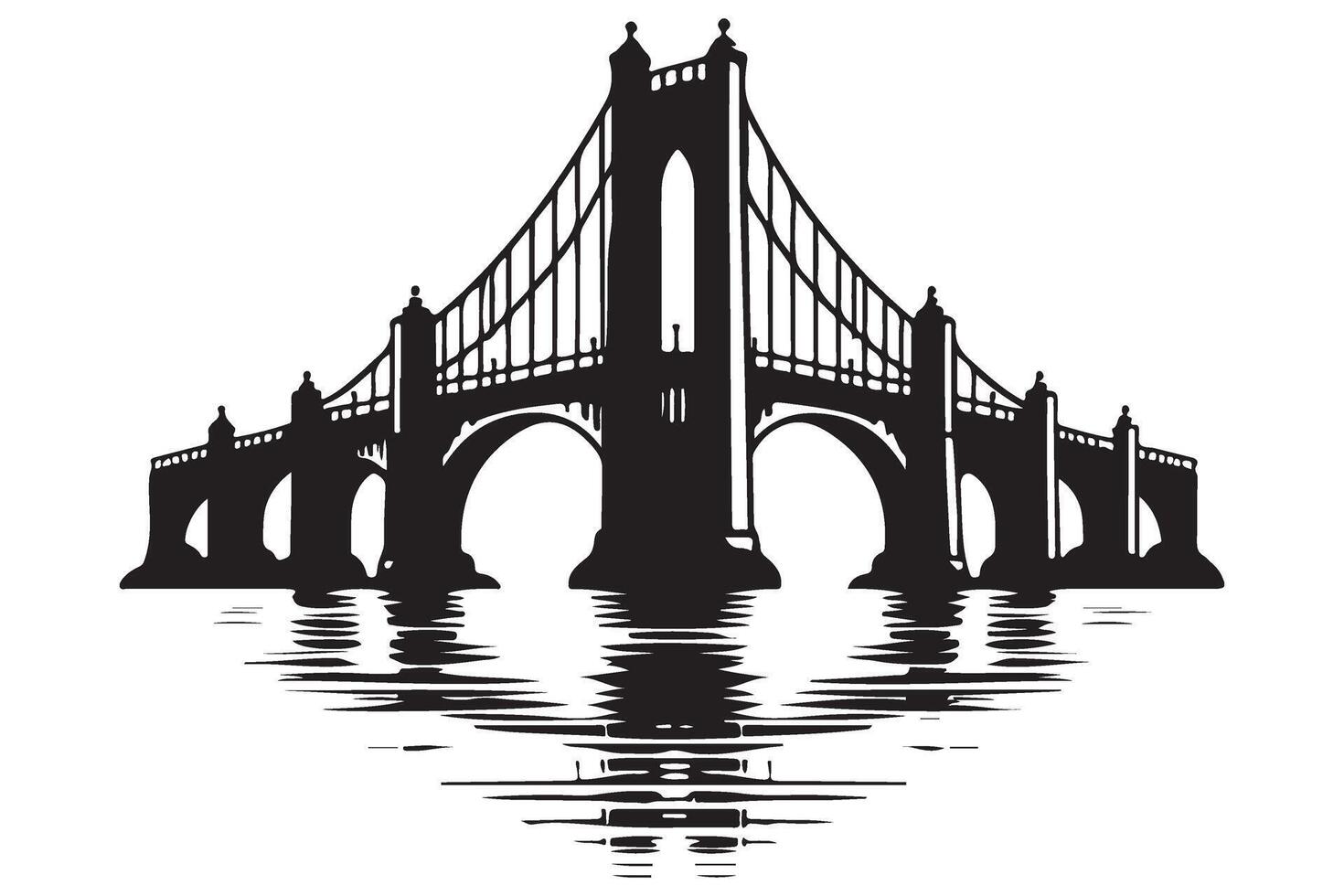Grand Arched Bridge Silhouette Illustration with Reflection vector