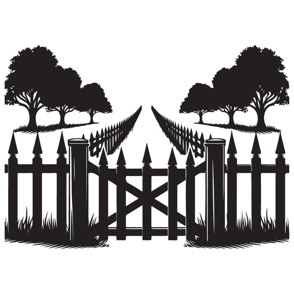 Rustic Farm Entrance Illustration with Fence and Trees Design vector