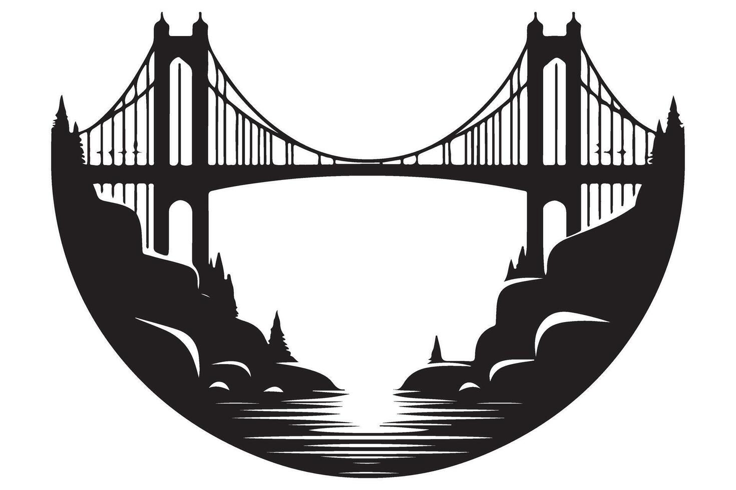 Suspension Bridge Scenic Landscape Silhouette Art Design vector