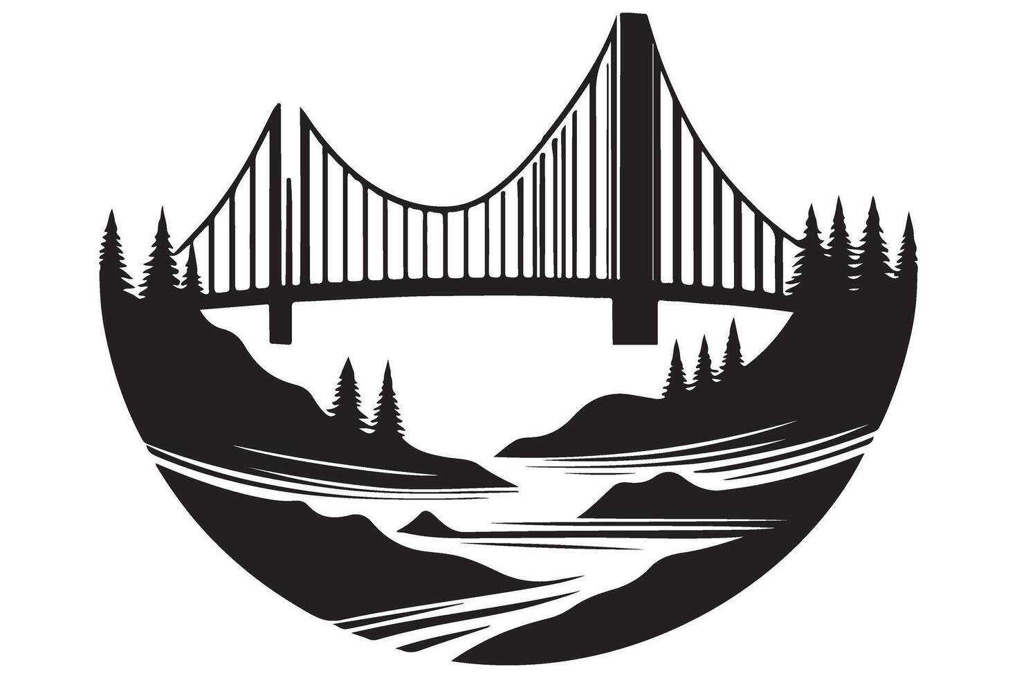 Stunning Suspension Bridge Silhouette Illustration with Forest Landscape vector