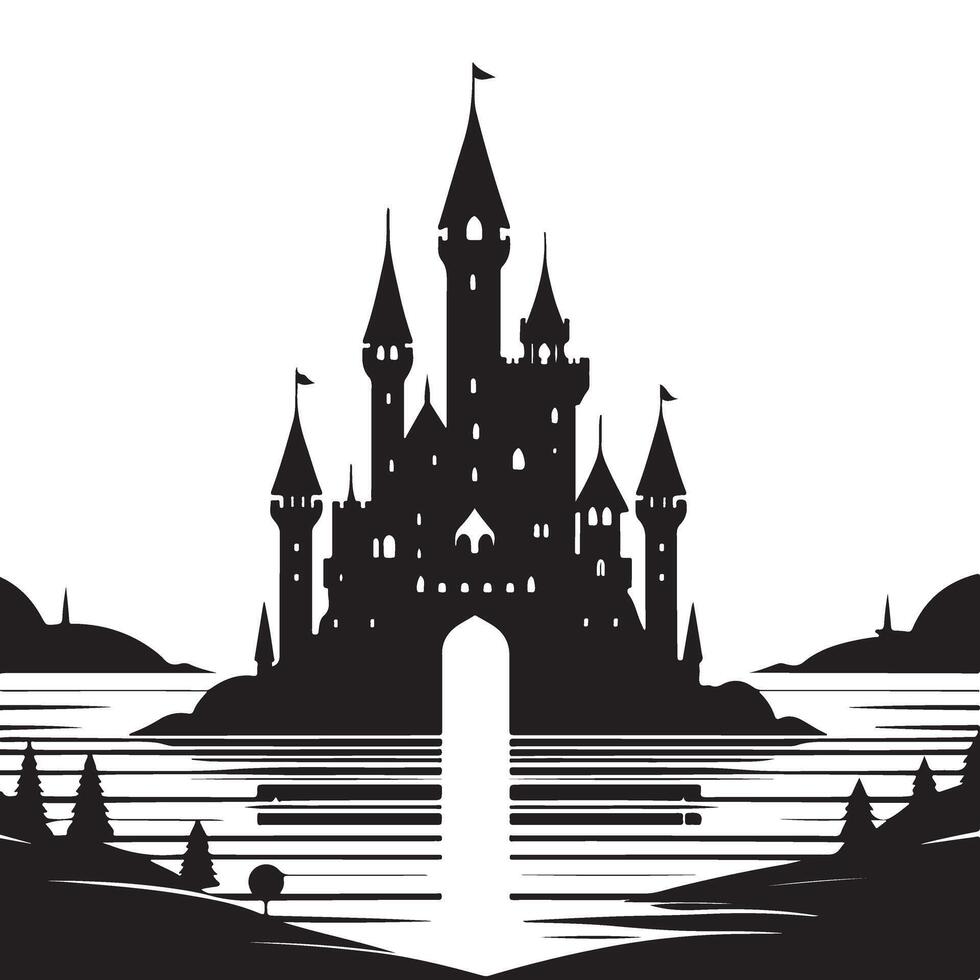 Majestic Castle on the Lake Silhouette an Enchanting Art vector