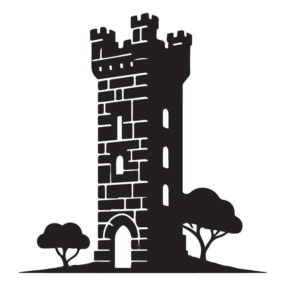 Detailed Medieval Castle Tower Silhouette Surrounded by Trees vector