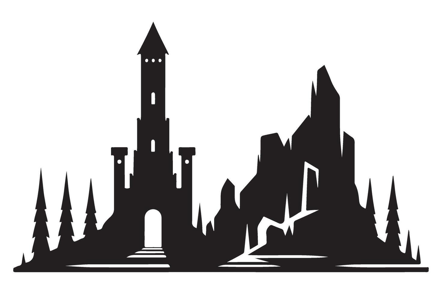 Silhouette castle with tower on hill illustration for fantasy art vector