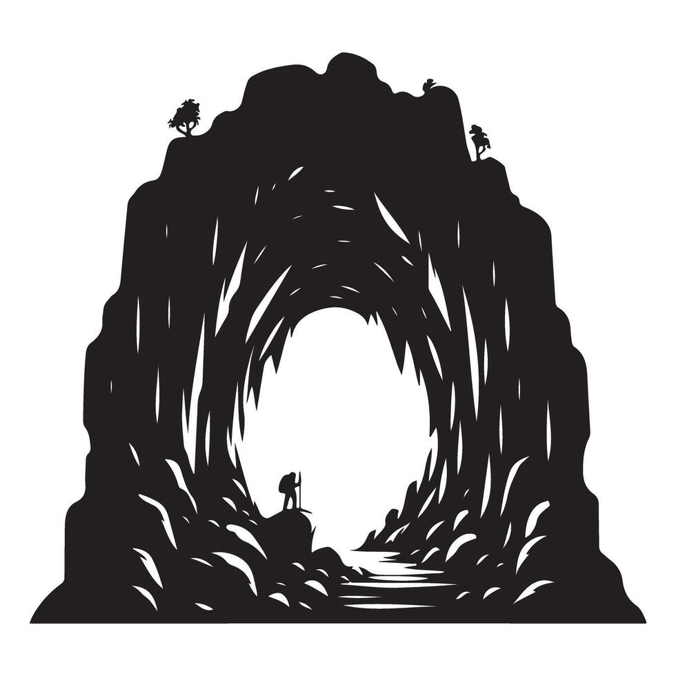 Adventurous Cave Silhouette Hiker Exploring Illustration Graphic vector